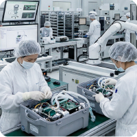 Workers assembling precision electronic components in a cleanroom